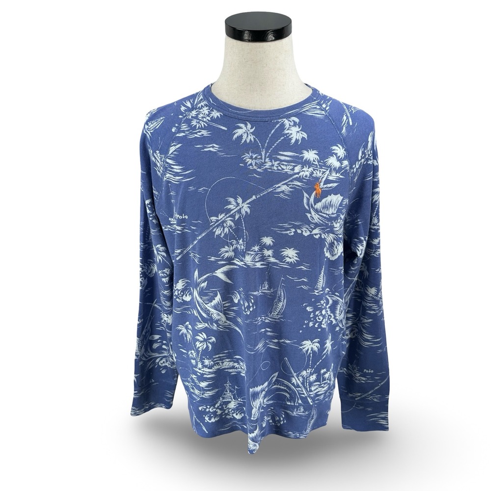 Polo Ralph Lauren Marlin Spa Terry Cotton Sweatshirt Medium Blue White Fish New